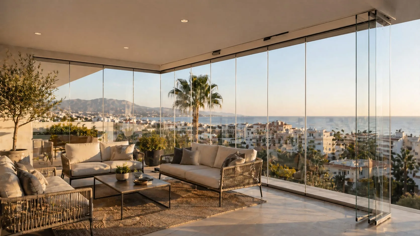 Instalación de cortinas de cristal en Málaga para terrazas y balcones. Fabricación a medida con vidrio templado y perfiles de aluminio.
