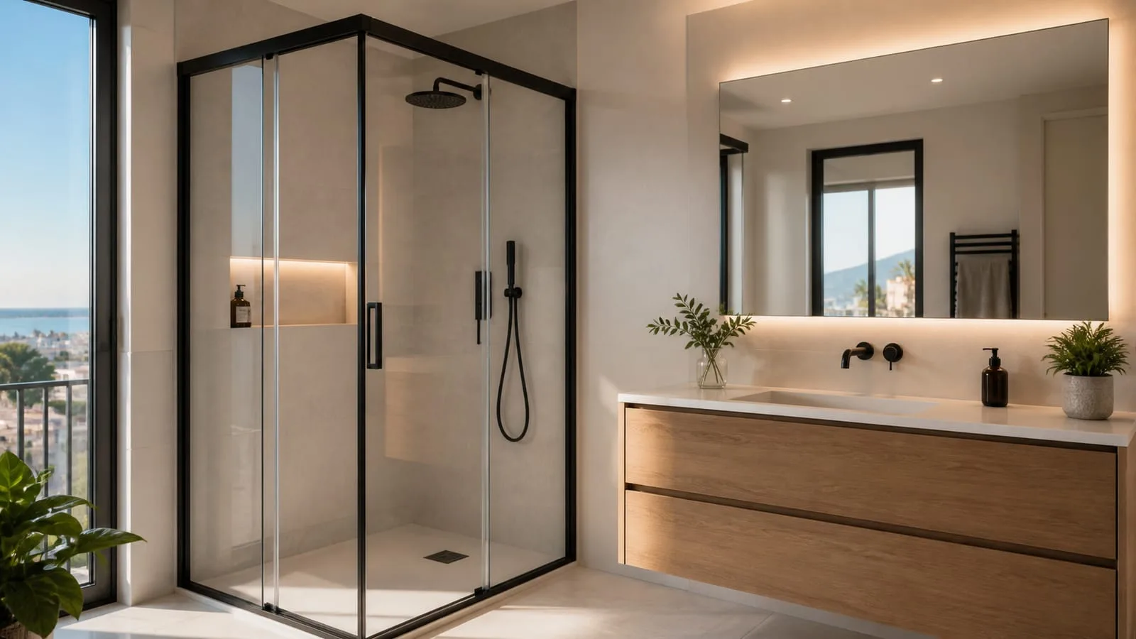 Instalación de mamparas de baño en Málaga con cristal y acabado moderno en una ducha a medida.